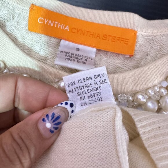 Cynthia Cynthia Steffe Womens Cream Cashmere Beaded Faux Pearl Cardigan Size S - Picture 7 of 7
